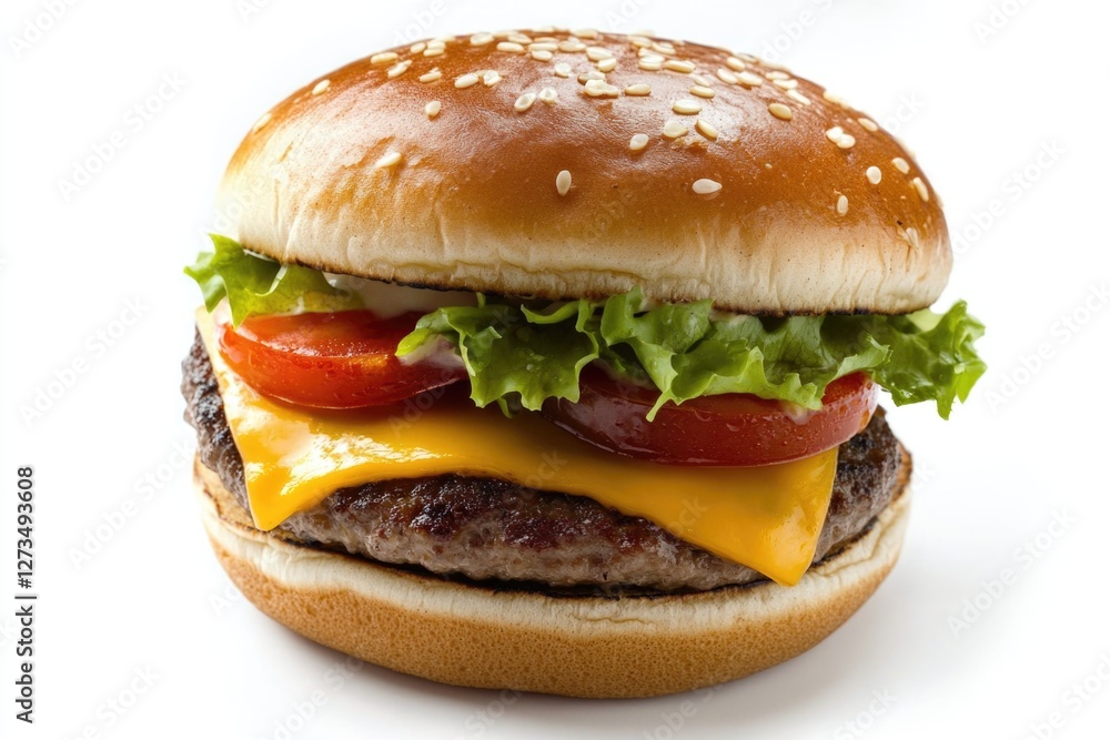 A juicy hamburger topped with melted cheese, fresh tomato, and crisp lettuce on a bun A juicy hamburger topped with melted cheese, fresh tomato, and crisp lettuce on a bun