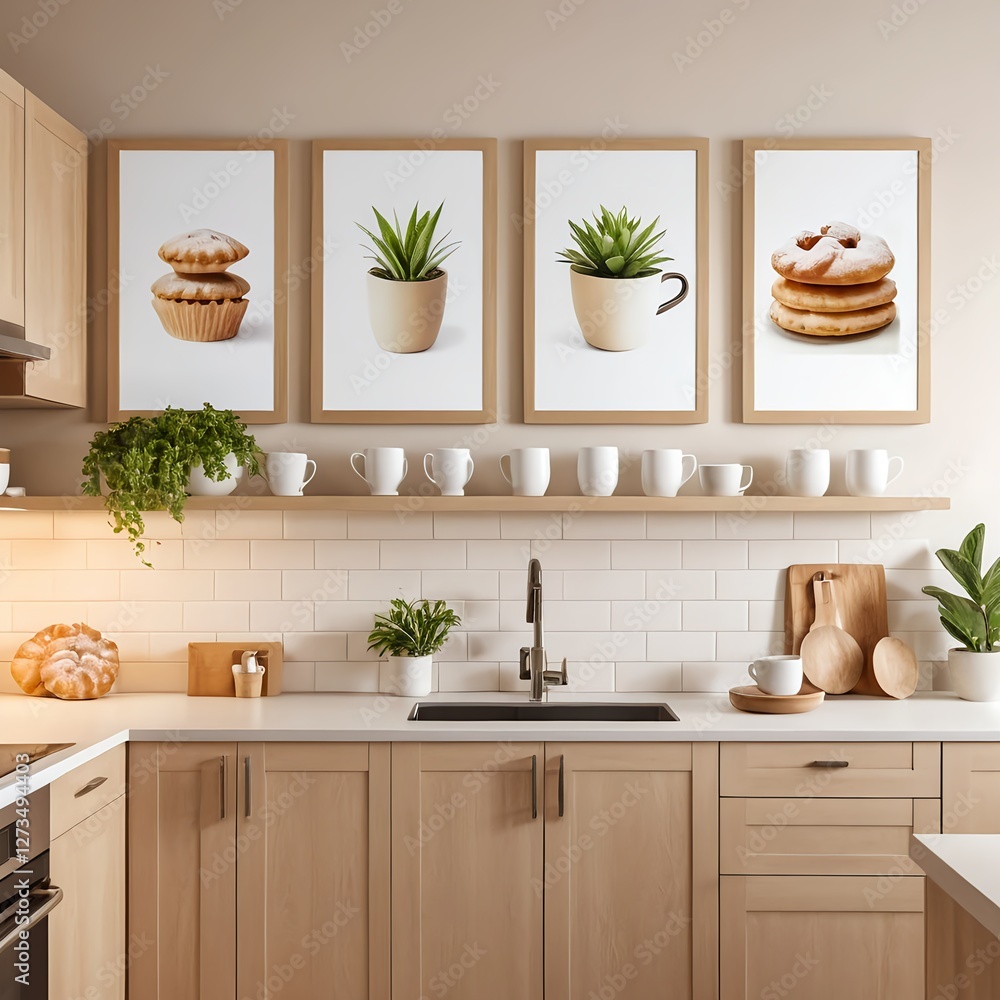 Fototapeta premium Modern Kitchen Interior with Plants and Baked Goods Wall Art