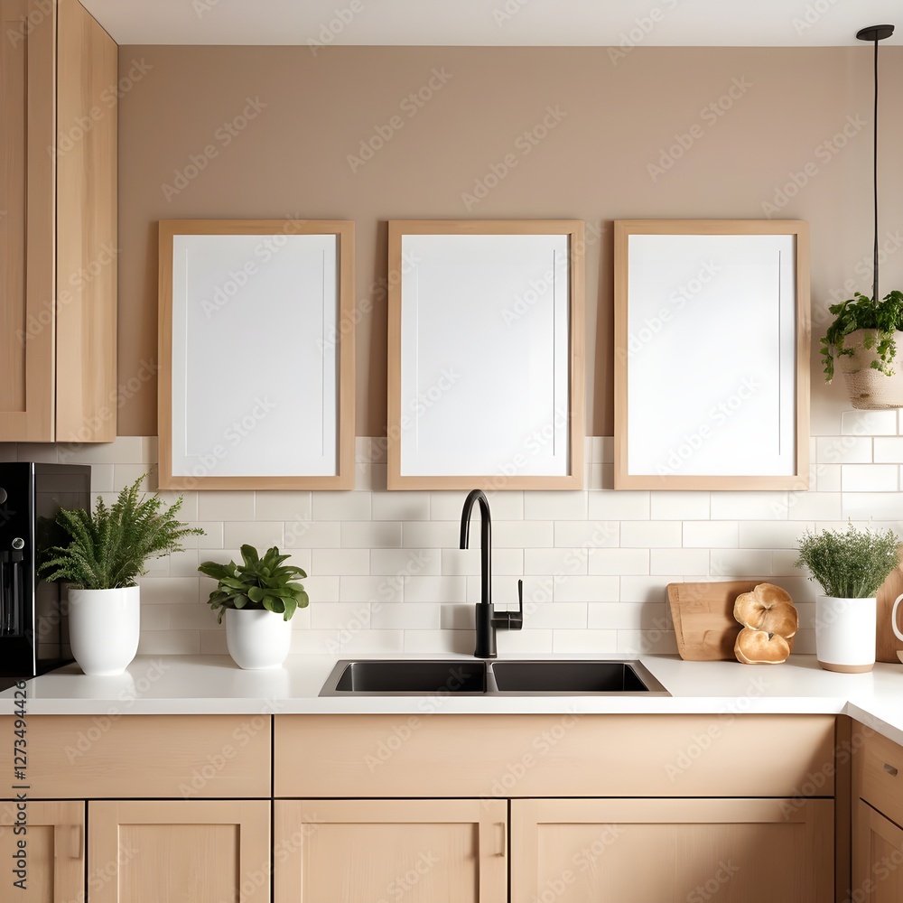 Fototapeta premium Modern Kitchen Interior with Blank Frames and Plants