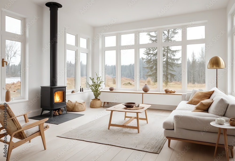 Cozy Scandinavian Living Room with Wood Burning Stove and Large Windows Cozy Scandinavian Living Room with Wood Burning Stove and Large Windows