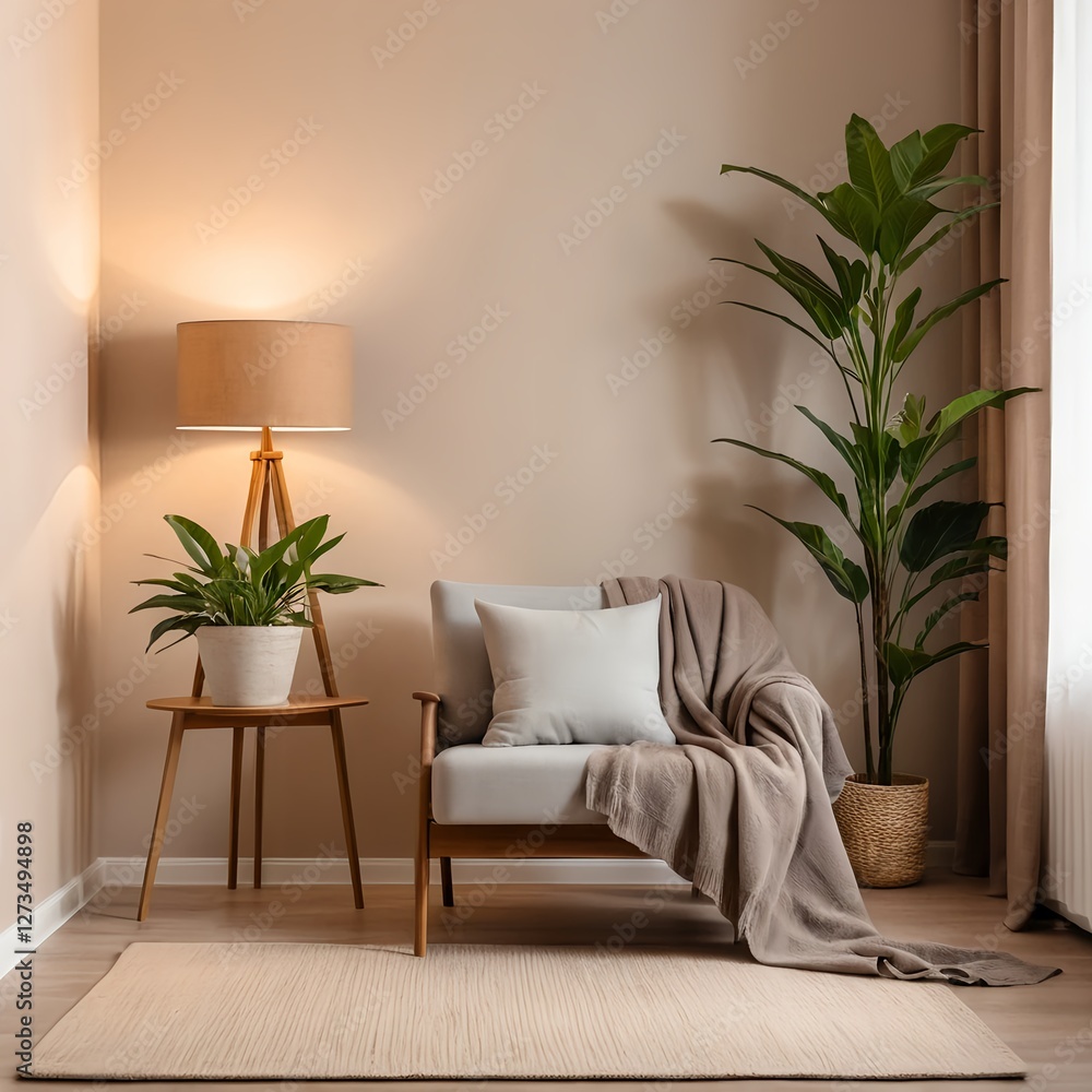 Cozy Living Room Corner with Armchair, Plants, and Floor Lamp Cozy Living Room Corner with Armchair, Plants, and Floor Lamp