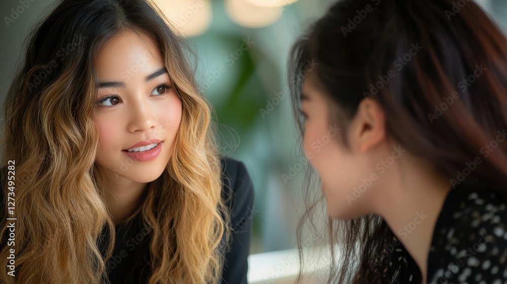 Asian female adults engaged in friendly conversation indoors. Explore Your Career Options Week Asian female adults engaged in friendly conversation indoors. Explore Your Career Options Week