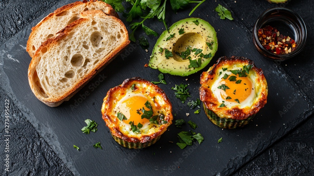 An upscale café presentation of cheesy baked egg cups, paired with artisanal bread and a side of avocado, served on a matte slate plate An upscale café presentation of cheesy baked egg cups, paired with artisanal bread and a side of avocado, served on a matte slate plate