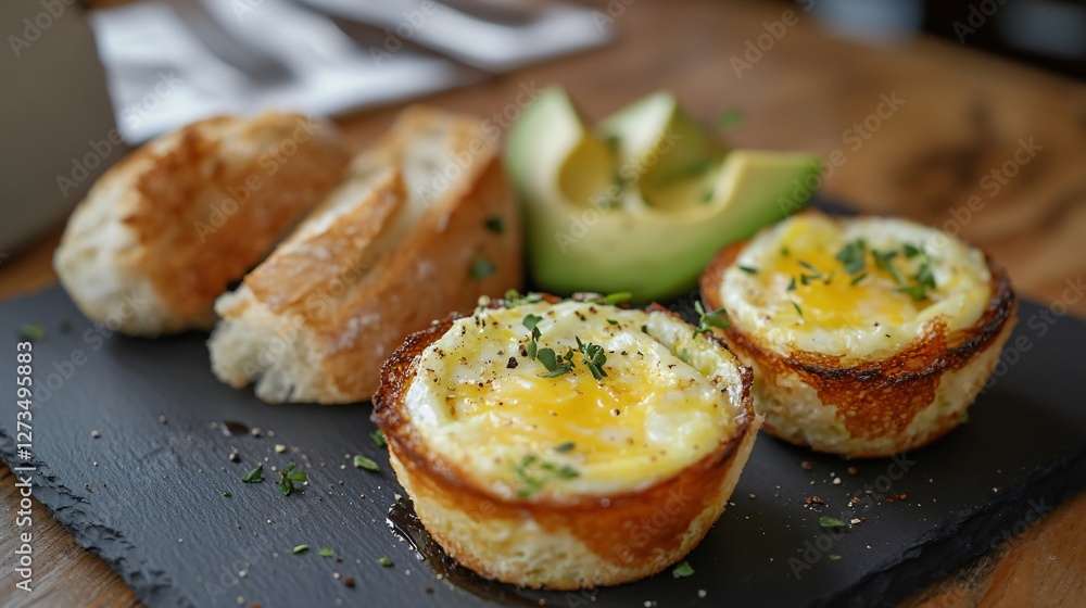 An upscale café presentation of cheesy baked egg cups, paired with artisanal bread and a side of avocado, served on a matte slate plate An upscale café presentation of cheesy baked egg cups, paired with artisanal bread and a side of avocado, served on a matte slate plate