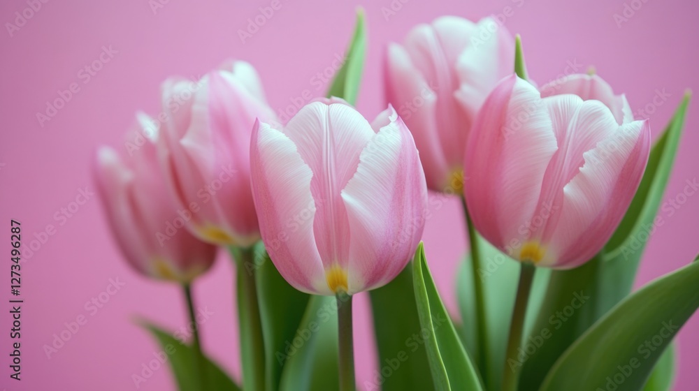 Obraz premium Fresh pink tulips arranged in a decorative vase, perfect for decorating tables or desks