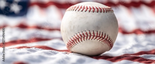 white baseball is set against a waving American flag.