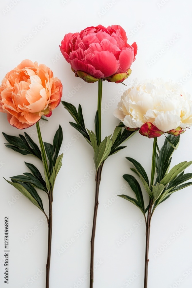 Peonies in various colors on a white background Peonies in various colors on a white background