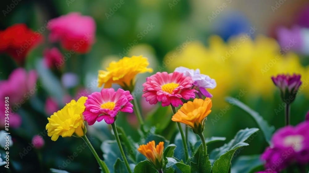 A bouquet of colorful flowers grows amidst lush green grass A bouquet of colorful flowers grows amidst lush green grass