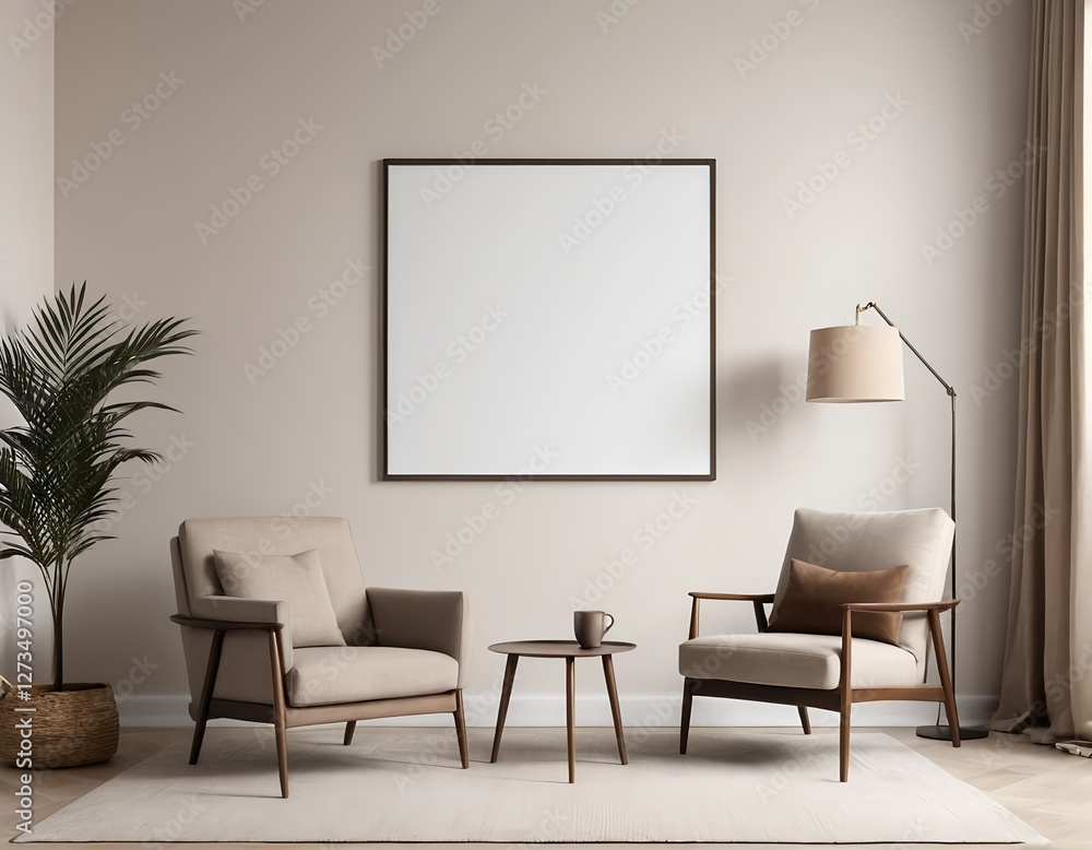 Fototapeta premium Modern Living Room Interior with Two Armchairs and Blank Canvas
