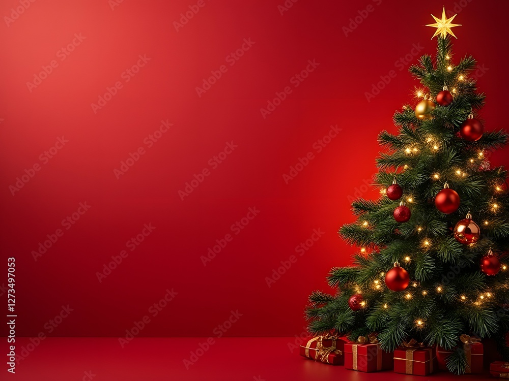 Minimalist Christmas tree with lights and ornaments on red background, festive holiday design with empty space for text Minimalist Christmas tree with lights and ornaments on red background, festive holiday design with empty space for text