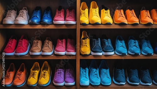 Wallpaper Mural Colorful shoes on wooden shelves in a retail store Torontodigital.ca