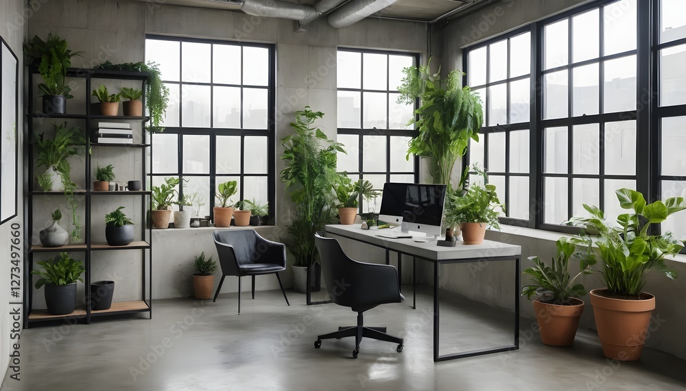 Modern Home Office with Greenery and Concrete Desk Modern Home Office with Greenery and Concrete Desk
