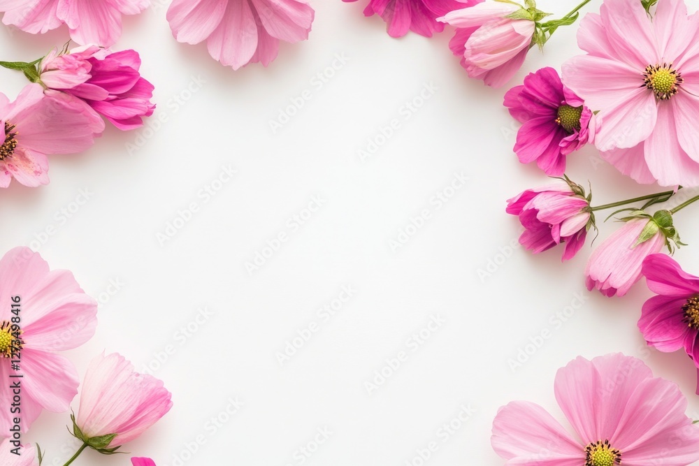 Arrangement of pink flowers in a circular pattern on a white surface Arrangement of pink flowers in a circular pattern on a white surface