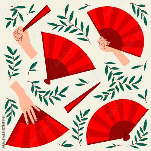 Folding Asian Red Hand Fans Set, Open and Close View, with hand. Traditional cultural design with leaves pattern, background, banner