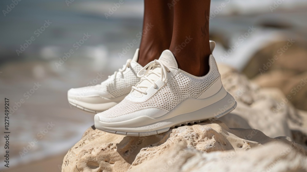 Naklejka premium A pair of white sneakers rests on a rock at the beach, with the ocean waves gently crashing nearby. The sun illuminates the footwear, showcasing its modern design.