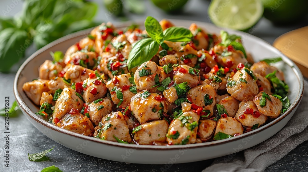 Sauteed Chicken with Basil and Chili Peppers on Plate Sauteed Chicken with Basil and Chili Peppers on Plate