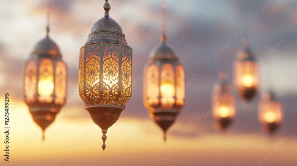 Illuminated Ornate Lanterns Hanging Against Sunset Sky Illuminated Ornate Lanterns Hanging Against Sunset Sky