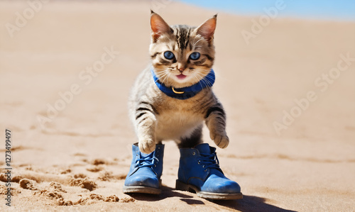 Funny cat wearing shoes playing on beach. Playful kitten jumping. Animals