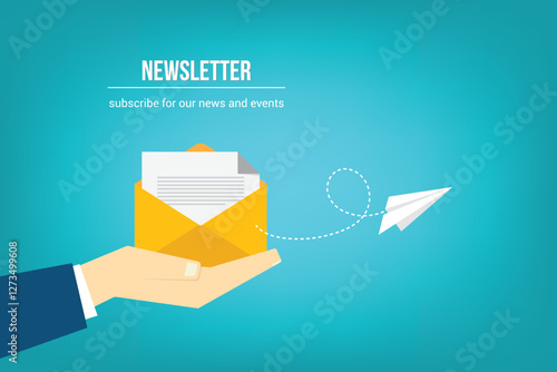 Newsletter. vector illustration of email marketing. subscription to newsletter, news, offers, promotions. a letter and envelope. subscribe, submit. send by mail.	