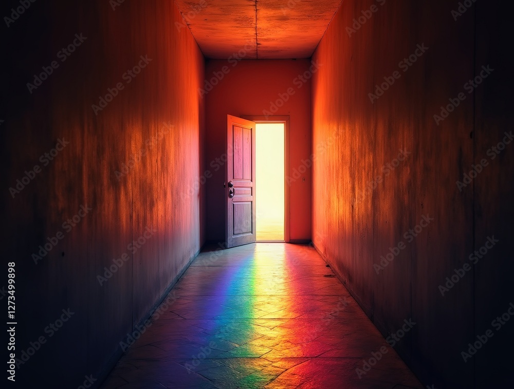 Obraz premium Rainbow shining from open door into dark hallway symbolizing self-acceptance