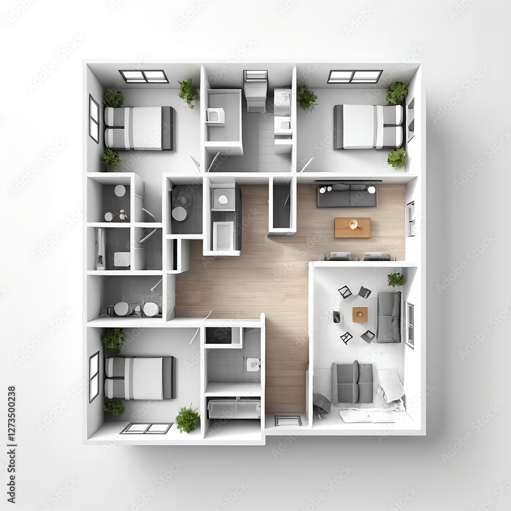 Modern Apartment Floor Plan - Top View 3D Rendering Modern Apartment Floor Plan - Top View 3D Rendering
