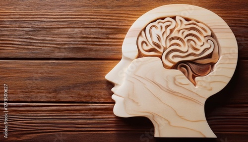 Visualizing Mental Exhaustion and Brain Fatigue: Concentration Issues Represented by Head Silhouette on Wood