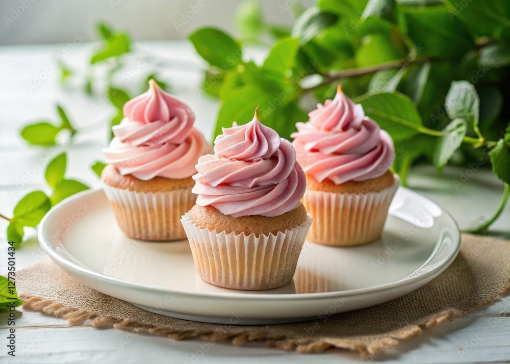 Three pink cupcakes, a pristine white plate, and vibrant green leaves create a delectable dessert scene. Three pink cupcakes, a pristine white plate, and vibrant green leaves create a delectable dessert scene.