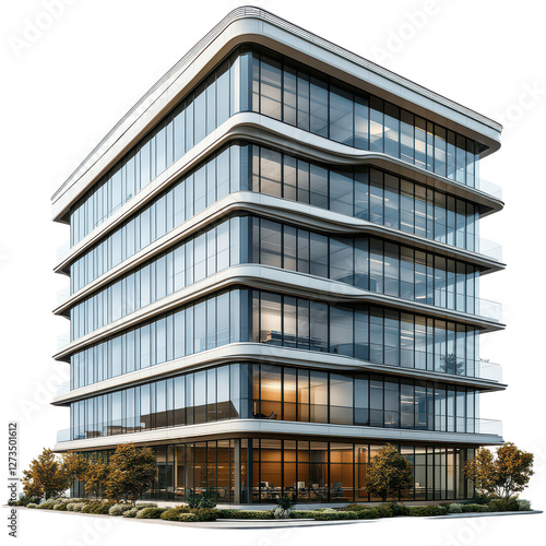 3D modern high-rise office building with clean architectural design isolated on transparent background.png