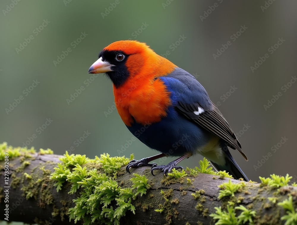 Fototapeta premium Colorful black-headed gonolek perching on mossy branch