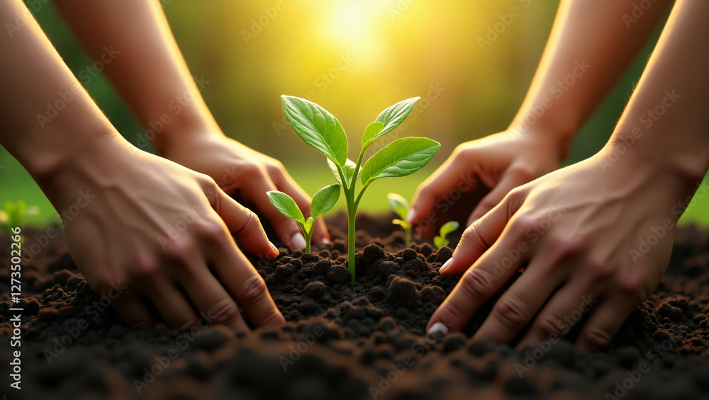 Fototapeta premium Hands planting seedlings, rich soil, teamwork, environmental care, close-up shot World Wildlife Day 2025 Collaboration, growth, and investment with friends in nature for future.