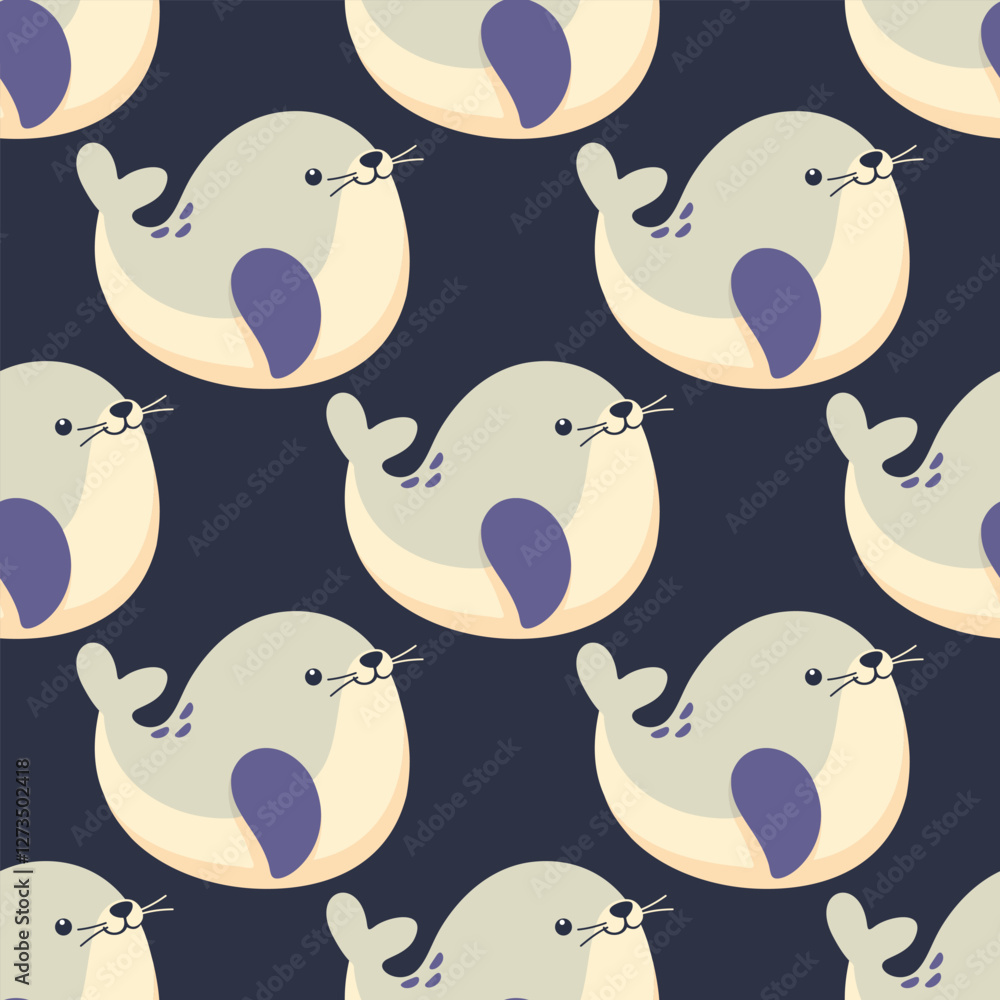 Fototapeta premium Vector seamless pattern with cute seals on dark background