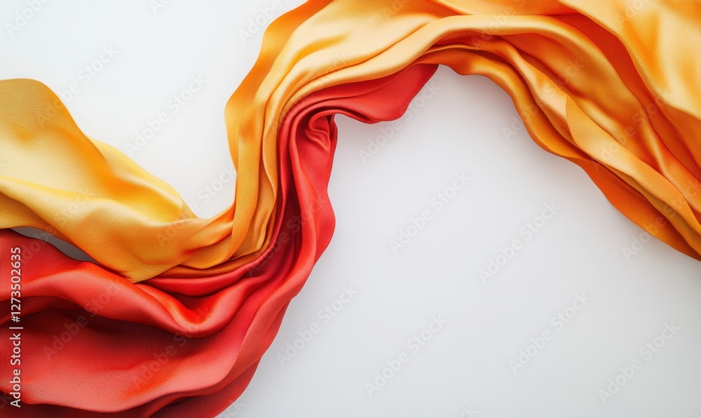 Obraz premium Flowing fabric in vibrant orange and red hues on a smooth white background, showcasing texture