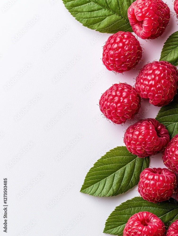 Fresh and vibrant raspberries with green leaves on a white background, perfect for healthy food concepts. Fresh and vibrant raspberries with green leaves on a white background, perfect for healthy food concepts.