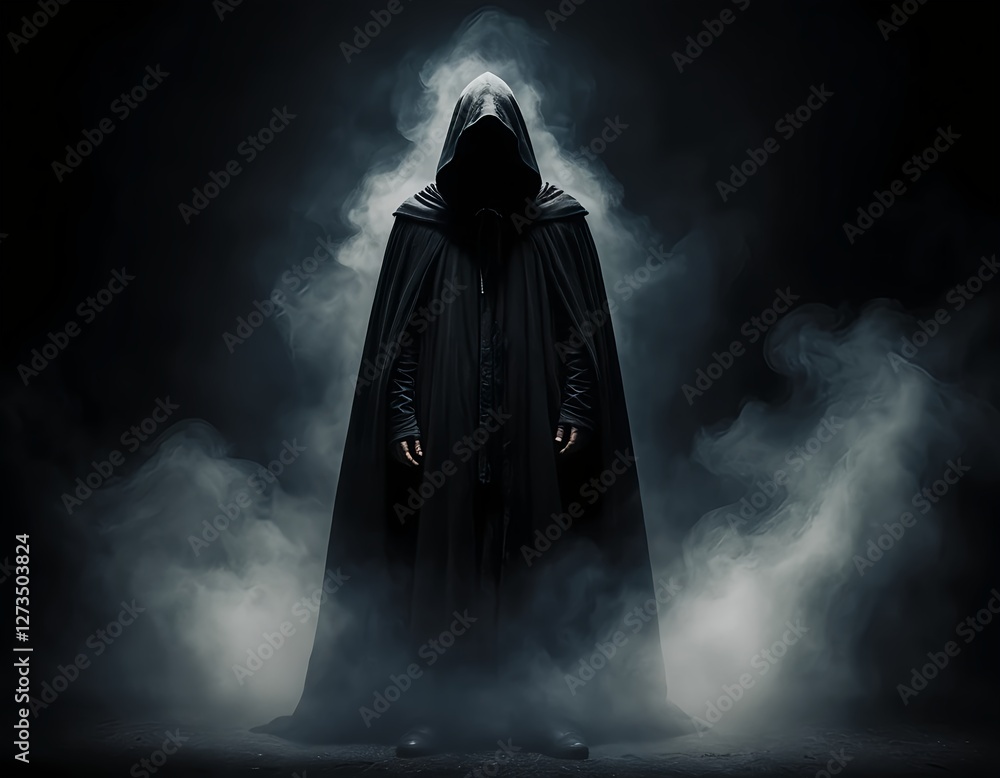 Mysterious Figure in a Dark Hooded Cloak Mysterious Figure in a Dark Hooded Cloak