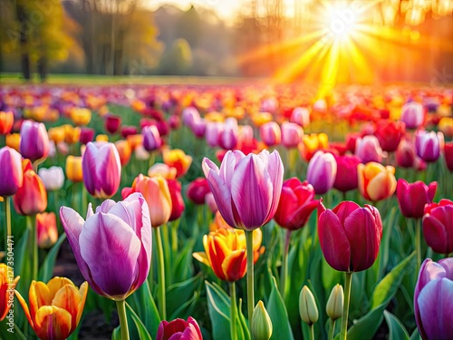 Vibrant tulip fields bloom, creating a stunning floral backdrop for your spring landscape photography.