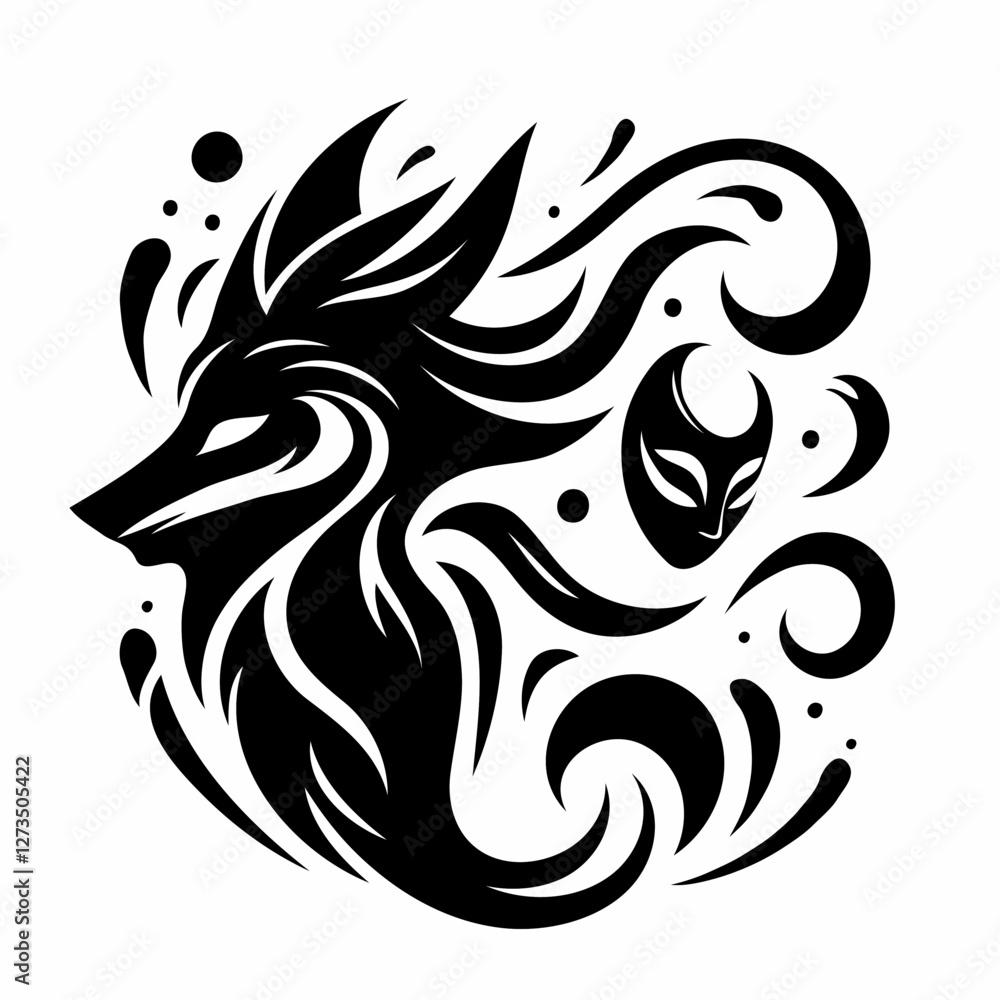 Fototapeta premium Mystical fox and spirit mask in black ink fantasy illustration