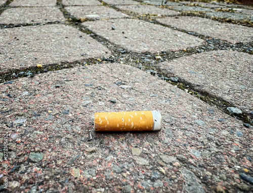 Single cigarette stub lying on a pathway photo