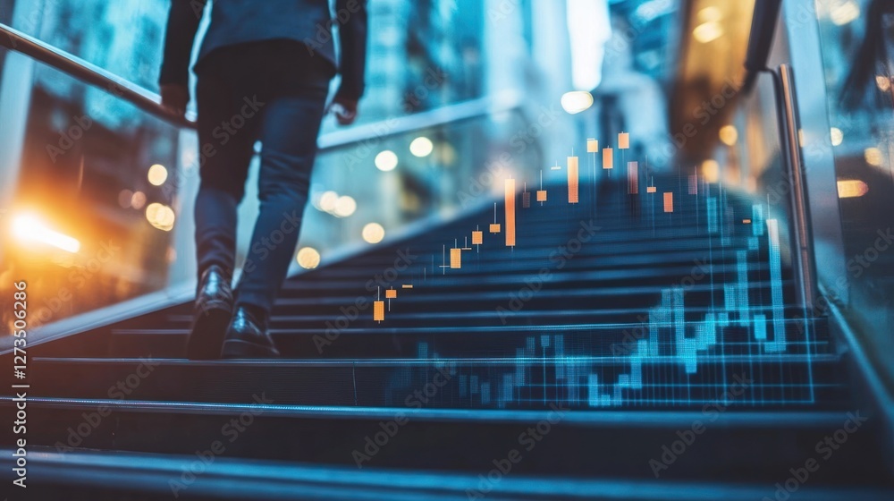 Fototapeta premium Ascending Business Success: A Man Climbing the Corporate Ladder Towards Financial Growth and Prosperity