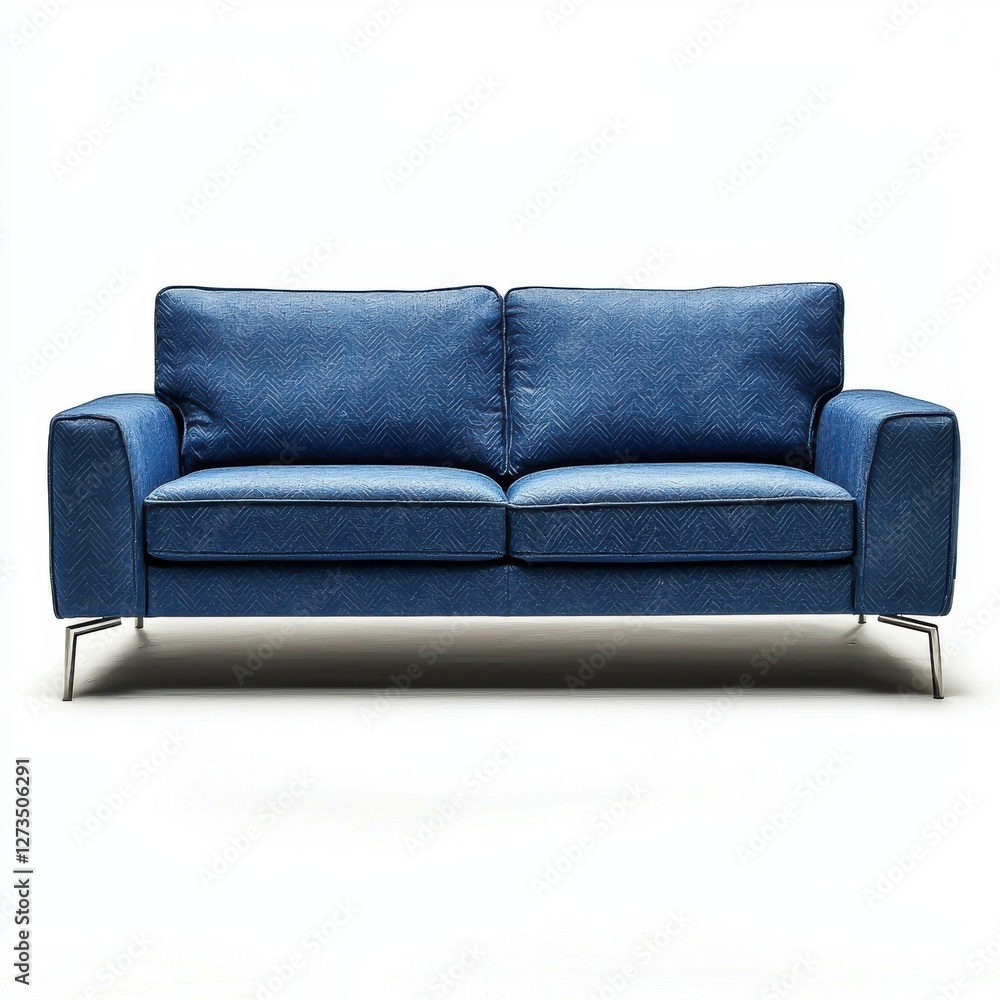 Fototapeta premium An inviting blue sofa with a distinctive textured pattern, presented on a pristine white background, perfect for illustrating modern home decor and furniture design concepts.