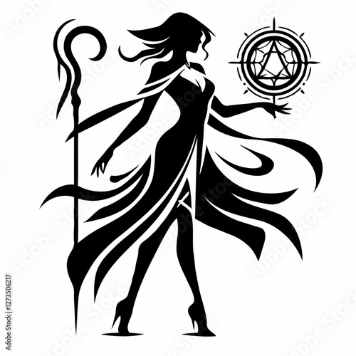 Powerful mage conjuring magic in black and white fantasy illustration