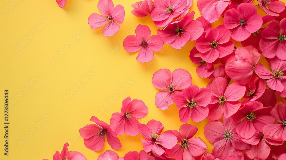 Fototapeta premium Pink flowers on a yellow background with space to copy. Spring background for greeting card.