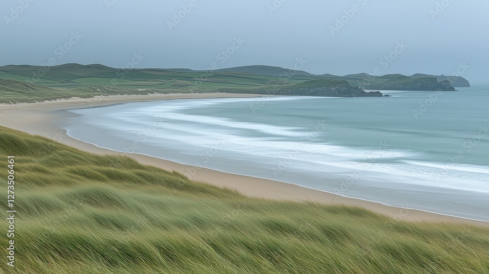 Coastal beach scene with windswept dunes, calm waves, and distant hills Coastal beach scene with windswept dunes, calm waves, and distant hills