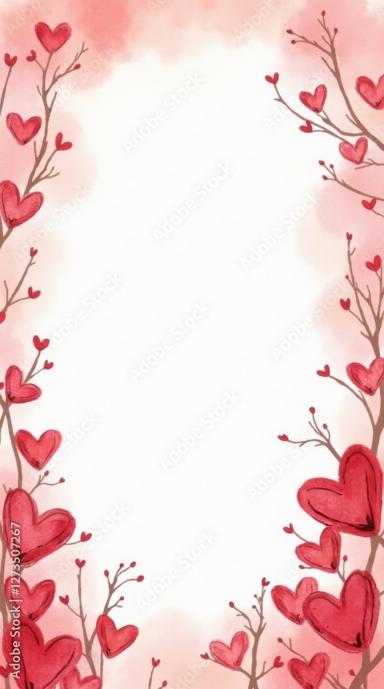 Naklejka premium Watercolor hearts tree border. Valentines Day romantic love frame