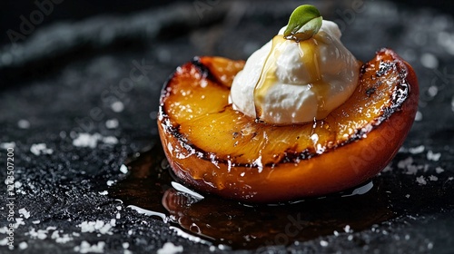 A hyper-realistic shot of a grilled peach half with honey dripping down its caramelized surface, resting on a dollop of Greek yogurt photo