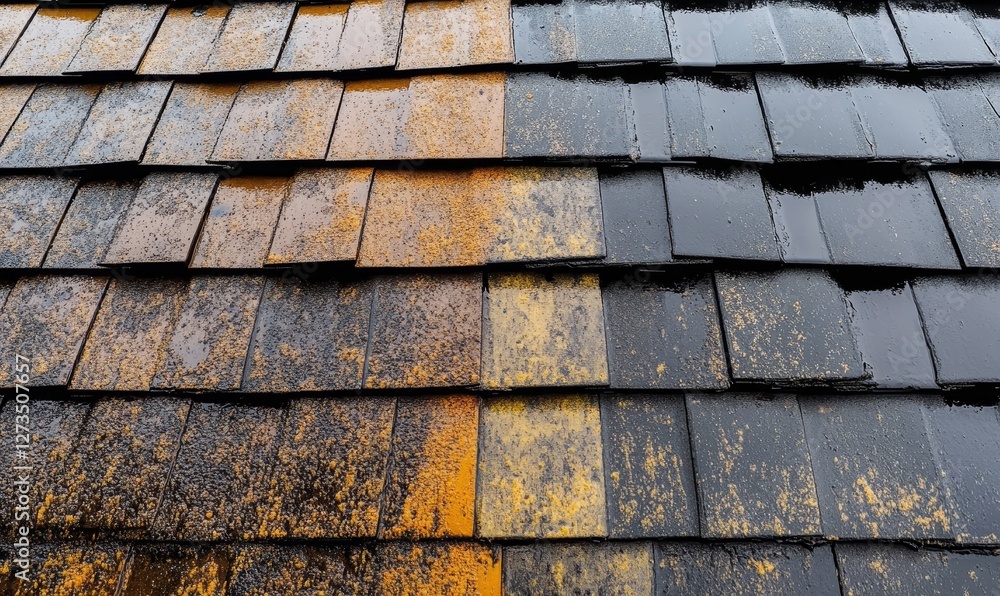 Roof shingles showing before and after treatment.