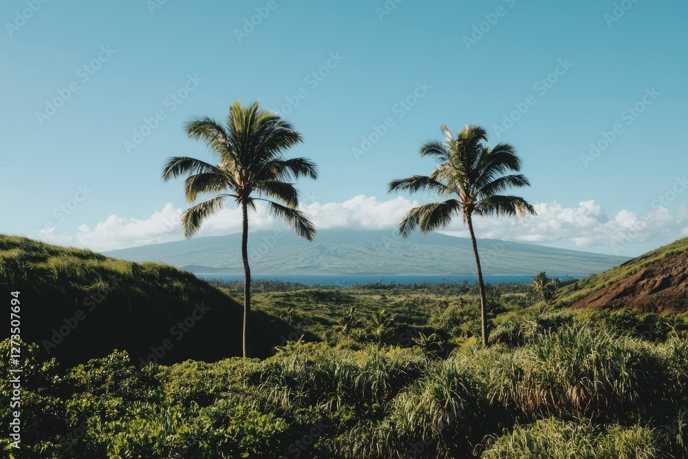 Twin palms frame view of island with lush greenery. Tourism, background use Twin palms frame view of island with lush greenery. Tourism, background use