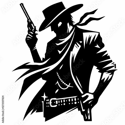 Outlaw cowboy drawing a revolver in black and white illustration