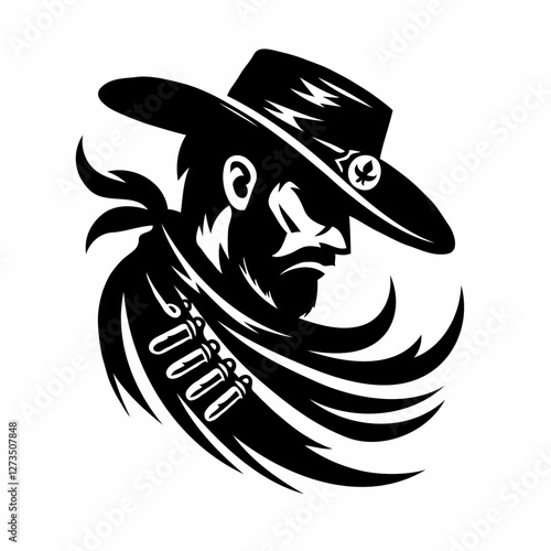 Western gunslinger with a determined look in black ink artwork