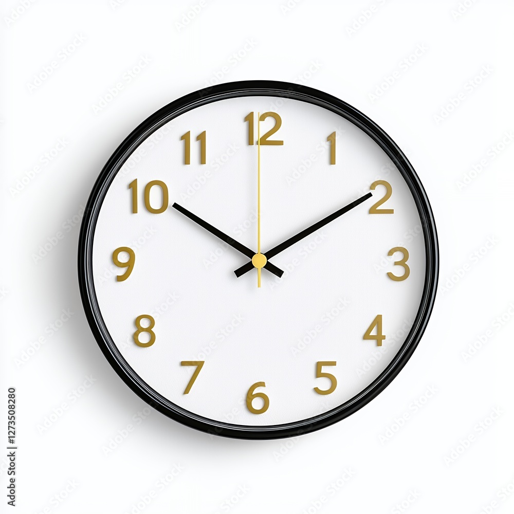 Minimalist Wall Clock with Black Casing and Gold Numerals Against White Background Minimalist Wall Clock with Black Casing and Gold Numerals Against White Background