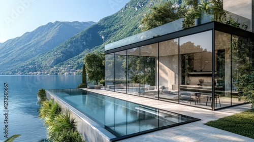 A luxurious modern villa with an infinity pool overlooking a serene lake and majestic mountains in the background, set on a sunny day with clear blue skies.